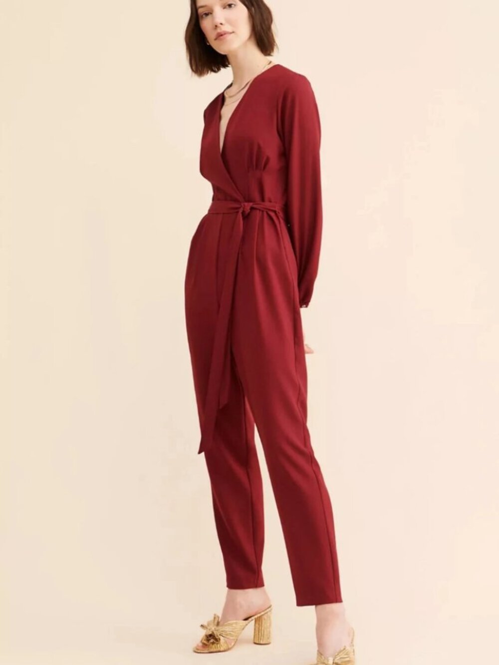 Hutch Long Sleeve Wrap Jumpsuit in Burgundy